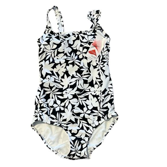 Lands' End Tank Soft Cup One Piece Swimsuit Black Havana Floral, size 4, NWT - Picture 2 of 8